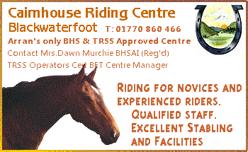Carnhouse Riding Centre in Blackwaterfoot, the place for novices and experienced riders. Contact Mrs Dawn Murchie at 01770 860 466