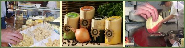 a selection of the famous round waxed cheddar cheeses with irresistible aromas